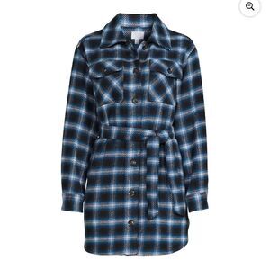 Time and Tru size large Women’s blue black plaid Belted Shacket Coat with belt